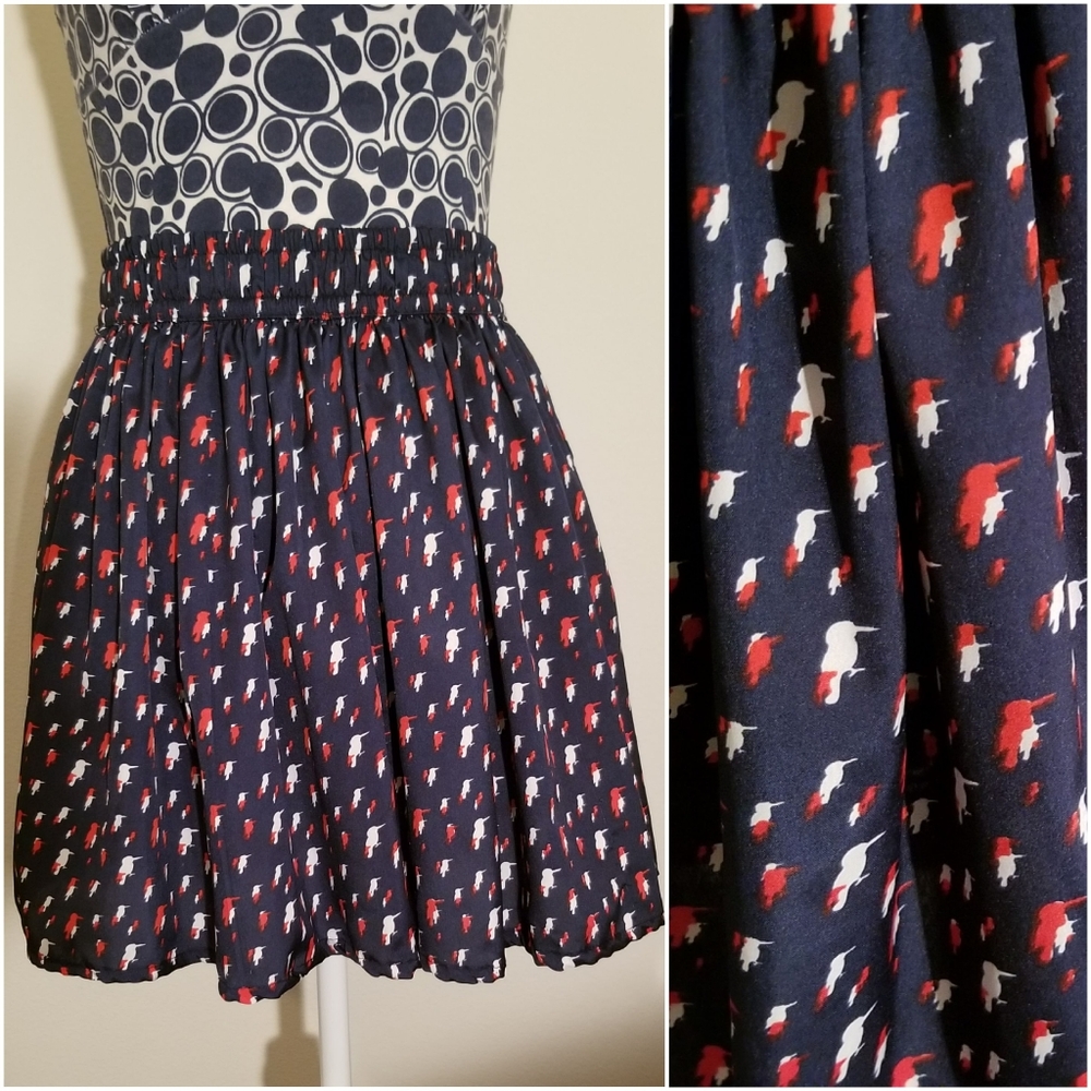 Navy, Red, and White Bird Print Skirt